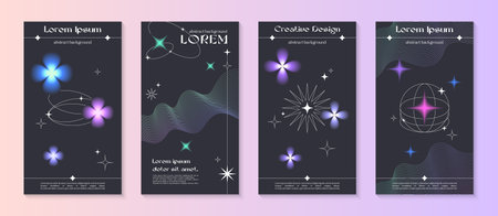 Vector insta story cosmic templates with linear shapes,blurred sparkles in 90s style.Smm banners in y2k aesthetic.Futuristic designs for social media marketing,branding,packagingのイラスト素材