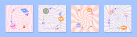 Illustrations with patches and stickers in 90s style.Vector templates in y2k aesthetic with frames,spiral,wavy backgrounds.Funky designs for banners,smm,branding,packaging,coversのイラスト素材