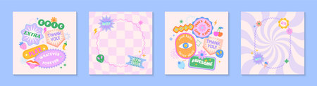 Illustrations with patches and stickers in 90s style.Modern templates in y2k aesthetic chess and spiral backgrounds.Trendy funky designs for banners,social media marketing,branding,packaging,coversのイラスト素材