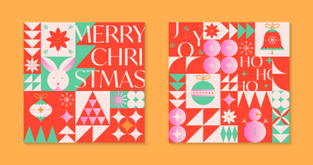 Christmas and Happy New Year greeting card templates.Festive vector backgrounds in flat modern style with traditional winter holiday symbols.Xmas pattern designs for branding,invitations,prints,smmのイラスト素材