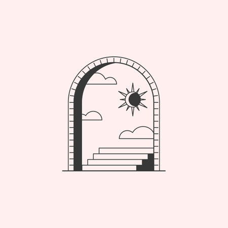 Vector mystic logo design template with portal,stair,sun and moon. Surreal abstract illustration in trendy minimal outline style.Magical emblem.Branding design template.のイラスト素材