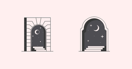 Vector mystic logo design templates with portals,steps,night,stars,crescent moon.Surreal abstract illustrations with moroccan arch.Magical emblem in oriental style.Branding design templates.のイラスト素材
