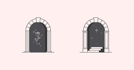 Vector mystic logo design templates with portals,steps,magic flower and stars.Surreal abstract illustrations in trendy minimal outline style.Celestial emblems.Branding design templates.のイラスト素材