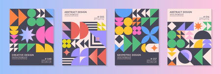 Abstract bauhaus geometric pattern backgrounds with copy space for text.Trendy minimalist geometric designs with bold simple shapes and elements.Modern artistic vector illustrations.のイラスト素材