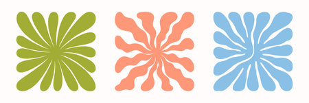 Vector colorful hand drawn floral square compositions.Hand drawn organic abstract shapes.Trendy contemporary art perfect for prints,flyers,banners,fabriÑ,branding design,covers.のイラスト素材