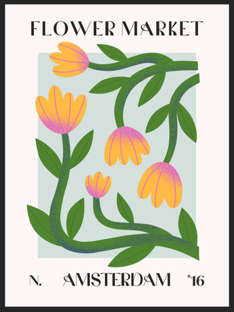 Abstact flower market vector poster with hand drawn florals.Modern botanical illustration for prints,flyers,banners,invitations,branding design,covers,home decor.のイラスト素材