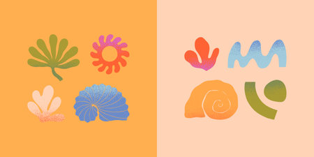 Vector set of abstract summer nature elements.Hand drawn palm,sun,coral,seashell,waves.Modern...