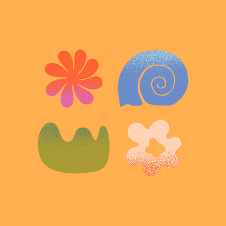 Vector abstract summer nature elements.Hand drawn organic form,sun,coral,seashell.Modern graphic in naive simple style for banners,smm,branding,packaging, covers,prints.Summer vacation aestheticのイラスト素材