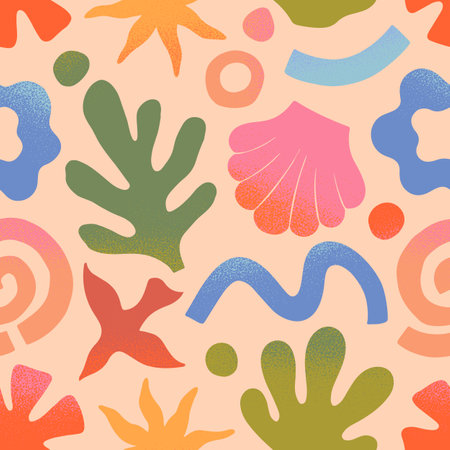 Vector summer nature artistic seamless pattern with hand drawn palm,sun,coral,seashell,wave.Trendy design for banners,smm,branding,packaging, covers,prints.Summer vacation aestheticのイラスト素材