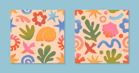 Vector summer nature artistic seamless patterns with hand drawn palm,sun,coral,seashell,wave.Trendy designs for banners,smm,branding,packaging, covers,prints.Summer surf clubのイラスト素材