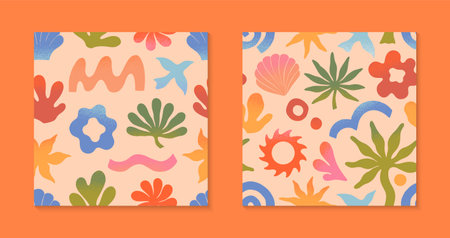 Vector summer nature artistic seamless patterns with hand drawn palm,sun,coral,seashell,wave.Trendy designs for banners,smm,branding,packaging, covers,prints.Summer vacation aestheticのイラスト素材