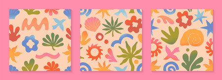 Vector summer nature artistic seamless patterns with hand drawn palm,sun,coral,seashell,wave.Trendy designs for banners,smm,branding,packaging, covers,prints.Summer vacation aestheticのイラスト素材