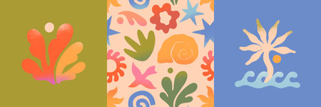Vector summer cards.Nature elements and artistic seamless pattern.Hand drawn palm,sun,coral,seashell,wave.Trendy designs for banners,smm,branding,packaging, covers,prints.Summer surf clubのイラスト素材