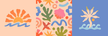 Vector summer cards.Nature elements and artistic seamless pattern.Hand drawn palm,sun,coral,seashell,wave.Trendy designs for banners,smm,branding,packaging, covers,prints.Summer surf clubのイラスト素材