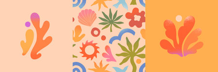 Vector summer cards.Nature elements and artistic seamless patterns.Hand drawn palm,sun,coral,seashell,wave.Trendy designs for banners,smm,branding,packaging, covers,prints.Summer vacation aestheticのイラスト素材