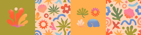 Vector summer cards.Nature elements and artistic seamless patterns.Hand drawn palm,sun,coral,seashell,wave.Trendy designs for banners,smm,branding,packaging, covers,prints.Summer vacation aestheticのイラスト素材