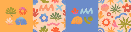 Vector summer cards.Nature elements and artistic seamless pattern.Hand drawn palm,sun,coral,seashell,wave.Trendy designs for banners,smm,branding,packaging, covers,prints.Summer surf clubのイラスト素材