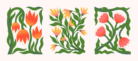 Abstact flowers vector compositions with hand drawn florals.Modern botany illustrations for prints,flyers,banners,invitations,branding design,covers,home decorationのイラスト素材