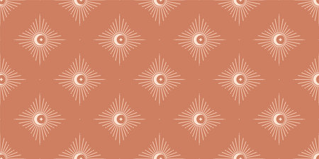 Vector bohemian seamless pattern with sun,crescent moon and sunburst.Boho linear symbols in trendy minimalist style.Modern celestial wallpaper.Branding and packaging design template.のイラスト素材
