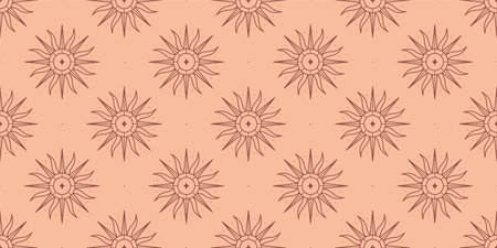 Vector bohemian seamless pattern with sun,star and sunburst.Boho linear emblems in trendy minimalist style.Celestial decoration background.Branding and packaging design template.のイラスト素材