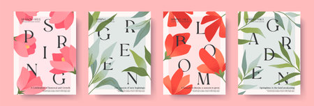 Spring elegant illustrations with pink roses,red poppies,green botany.Typography banner templates with blooming flowers.Seasonal backgrounds for holidays prints,invitations,offers,covers,greetingsのイラスト素材