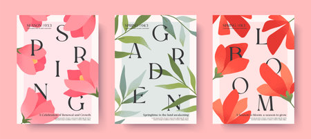 Spring elegant illustrations with pink roses,red poppies,green botany.Typography banner templates with blooming flowers.Seasonal backgrounds for holidays prints,invitations,offers,covers,greetingsのイラスト素材