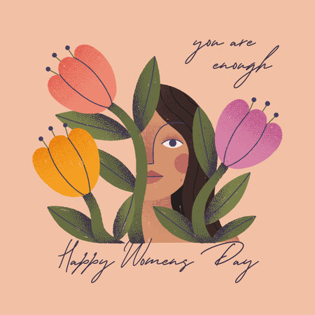 Women's Day greeting card.Illustration of calm confident woman sitting in flowers symbolizing feminism and women's empowerment.8 march girl power movement,equal rights and self care concept.のイラスト素材