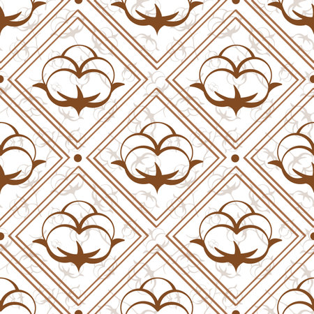 Vector seamless geometric pattern with cotton flowers; otton balls, cotton fiber design for fabric, package, wrapping paper, textile, web design.のイラスト素材