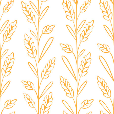 Vector seamless pattern with ears of wheat. Whole grain, organic, for bakery package, bread products. Isolated on white.のイラスト素材
