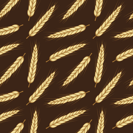 Vector seamless pattern with ears of wheat on dark brown background. Whole grain, organic, for bakery package, bread products, web design.のイラスト素材