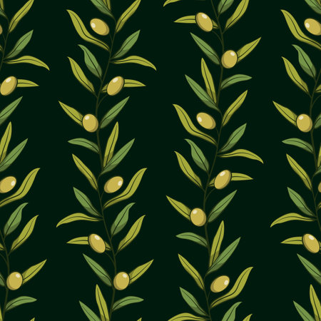 Floral seamless pattern with olive branches; vertical olive branches with foliage and green olives on dark green color; natural design for fabric, wallpaper, textile, package, tablecloth, web design.のイラスト素材