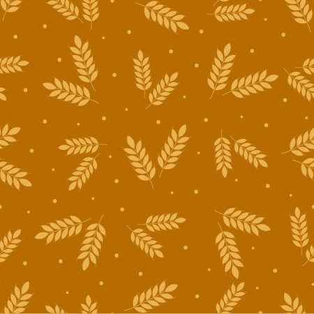 Vector seamless pattern with ears of wheat on orange background. Whole grain, natural, organic background for bakery package, bread products.のイラスト素材