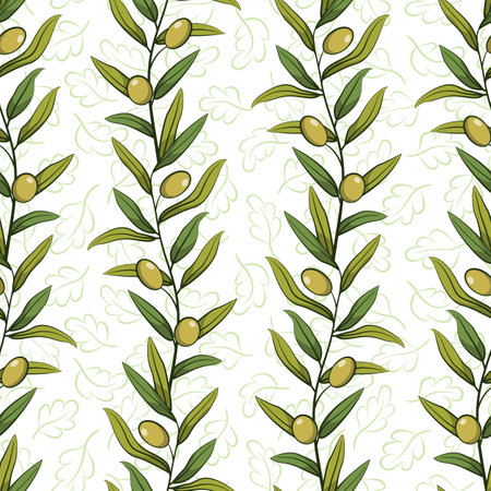 Floral seamless pattern with olive branches; vertical olive branches with foliage and green olives; natural design for fabric, wallpaper, textile, package, tablecloth, web design.のイラスト素材