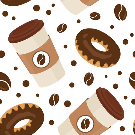 Seamless pattern with chocolate donuts and coffee in plastic cups for fabric, wallpaper, textile, web design. Isolated on white.のイラスト素材