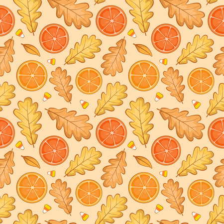 Seamless autumn pattern with oak leaves and slices of oranges for fabric, wallpaper, textile, greeting card, gift box, web design.のイラスト素材