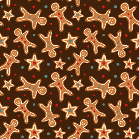 Vector seamless pattern with gingerbread. Christmas gingerbread cookies on dark brown background for greeting card, gift box, wallpaper, fabric, web design.のイラスト素材