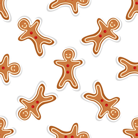 Vector seamless pattern with gingerbread men. Tasty background for fabric, wallpaper, textile, package, greeting card, gift box, web design. Isolated on white.のイラスト素材