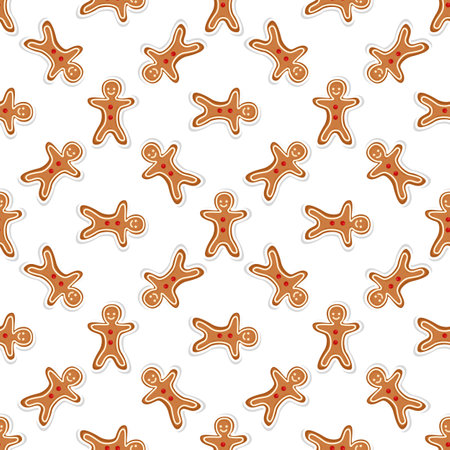 Vector seamless pattern with gingerbread. Christmas gingerbread cookies for greeting card, gift box, wallpaper, fabric, web design. Isolated on white.のイラスト素材