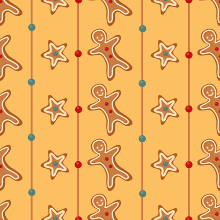 Vector seamless pattern with gingerbread. Christmas gingerbread cookies on orange background for greeting card, gift box, wallpaper, fabric, web design.のイラスト素材