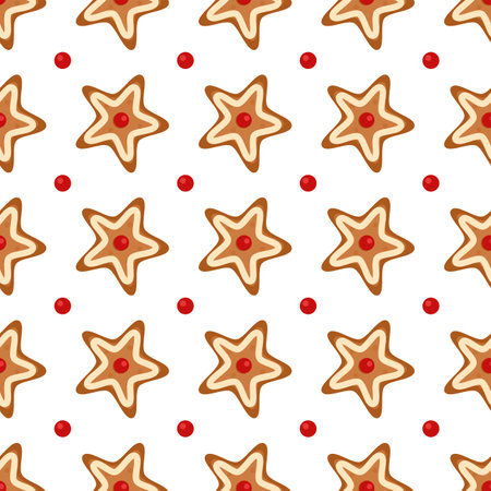 Vector seamless pattern with gingerbread stars. Tasty background for package, fabric, wallpaper, textile, greeting card, gift box, web design. Isolated on white.のイラスト素材