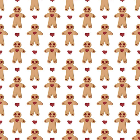 Vector seamless pattern with voodoo dolls. Isolated on white. Halloween background for greeting card, gift box, wallpaper, fabric, textile, package, web design.のイラスト素材
