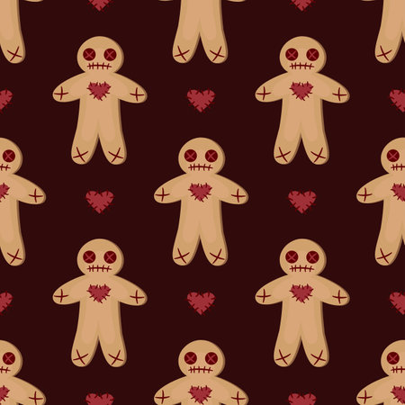 Vector seamless pattern with voodoo dolls on dark red background. Halloween background for greeting card, gift box, wallpaper, fabric, textile, package, web design.のイラスト素材
