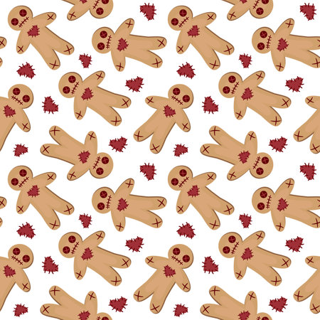Vector seamless pattern with voodoo dolls. Isolated on white. Halloween background for greeting card, gift box, wallpaper, fabric, textile, package, web design.のイラスト素材