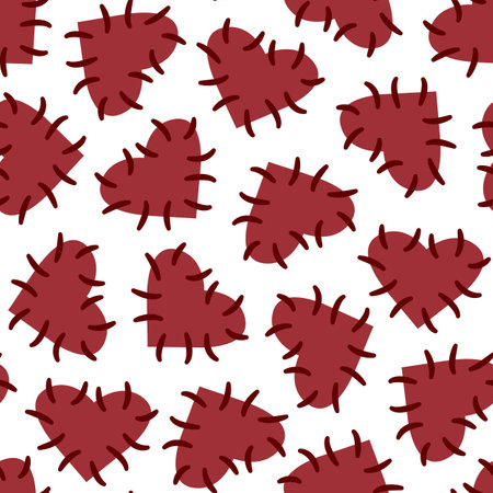 Seamless Halloween pattern with voodoo hearts - red hearts with stitches, isolated on white, voodoo symbols. Design for greeting card, gift box, wallpaper, fabric, web design.のイラスト素材