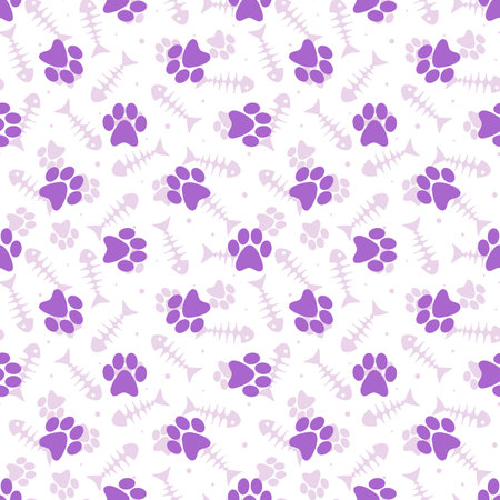 Vector seamless pattern with purple paw prints. Cute pets background for package, fabric, wallpaper, wrapping paper, labels, web design.のイラスト素材