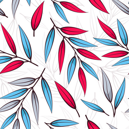 Floral seamless pattern with branches and leaves; colorful botanical design for fabric, wallpaper, textile, wrapping paper, web design.のイラスト素材