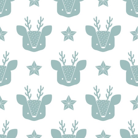 Vector seamless pattern with cute deer heads and stars; cute cartoon design for fabric, wrapping paper, wallpaper, textile, greeting card, web design.のイラスト素材