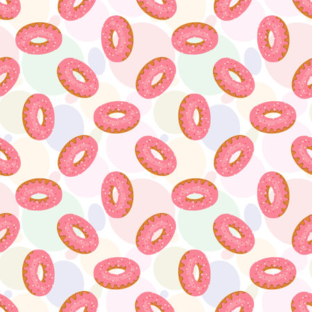 Vector seamless pattern with pink donuts; colorful tasty background for package, wrapping paper, wallpaper, fabric, textile, web design.のイラスト素材