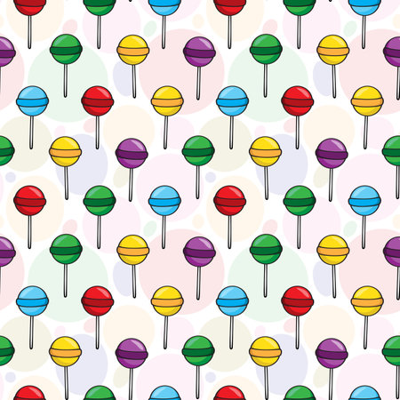 Vector seamless pattern with lollipops; colorful tasty background for package, wrapping paper, wallpaper, fabric, textile, web design.のイラスト素材