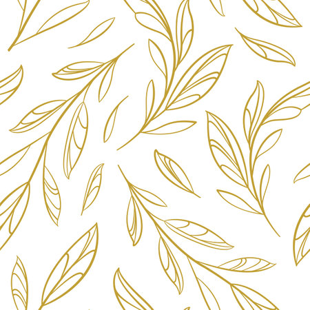 Vector seamless pattern with outline golden branches and leaves; floral abstract design on white background; perfect for fabric, wallpaper, wrapping paper, textile, web design.のイラスト素材